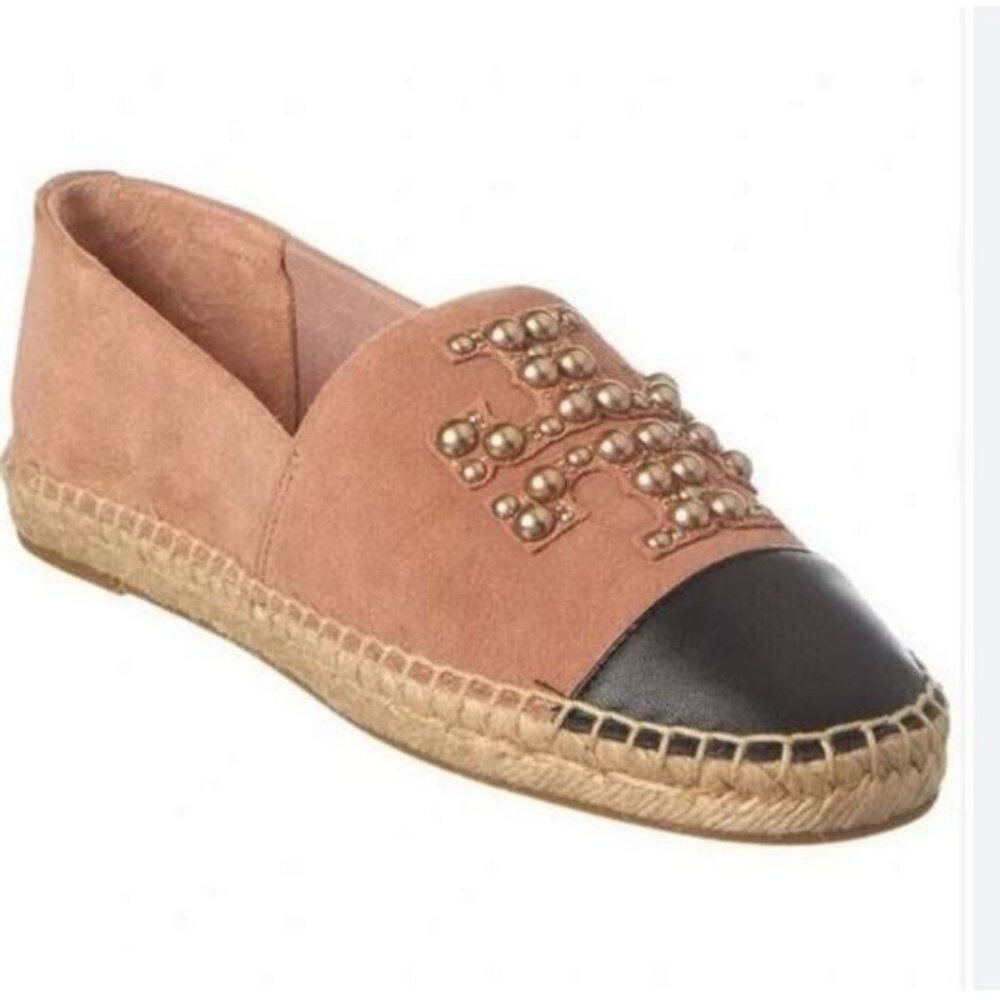 Brand New Tory Burch sz 6 Pearl Logo Espadrille Flats Sensory Suede Meadowsweet